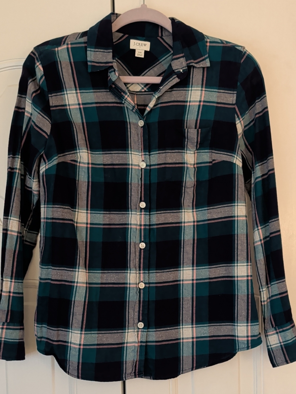 J. Crew Teal Navy Pink Plaid Button-Down Flannel Shirt Women's Size XS